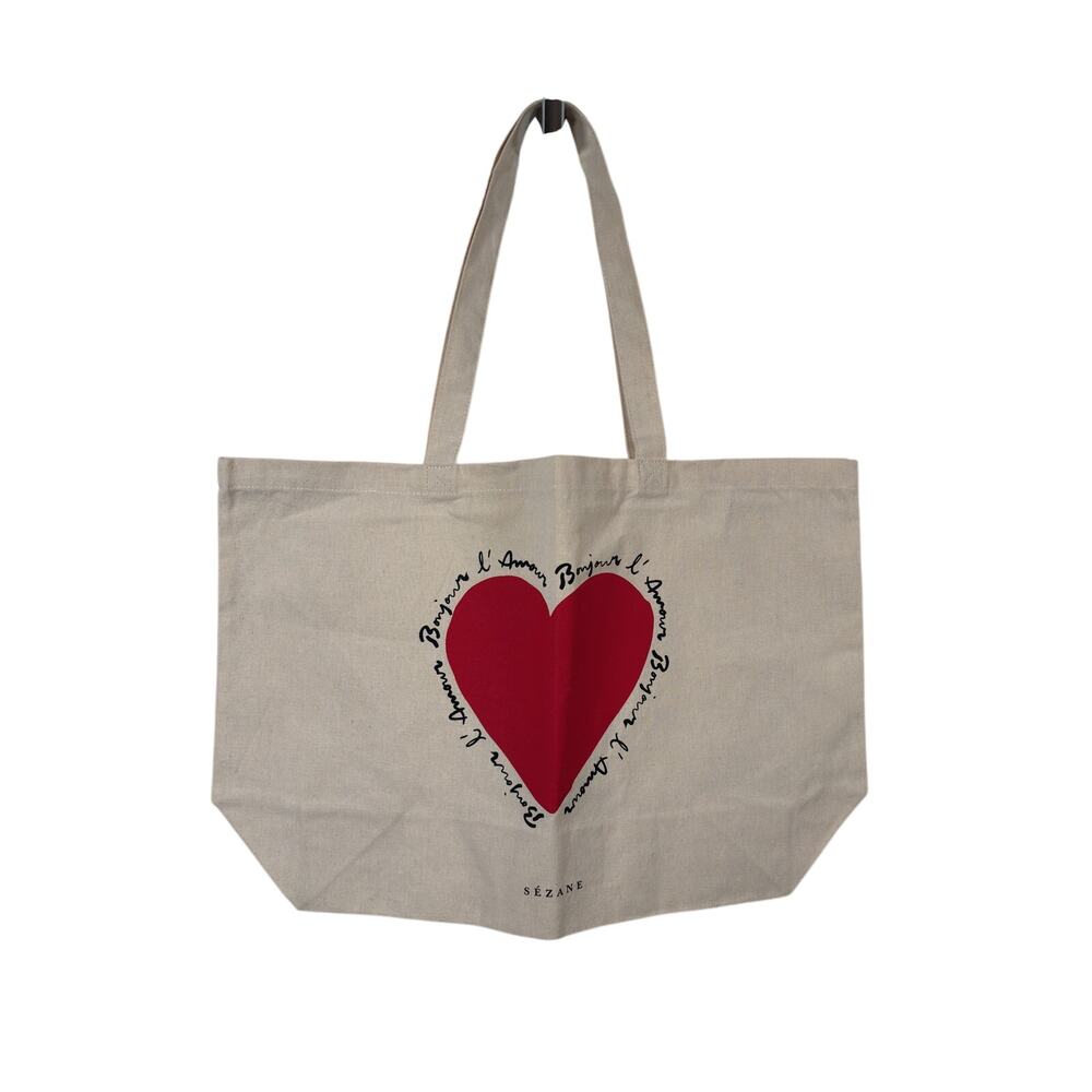 Sézane Bonjour l'Amour Shopping Tote Bag Womens Large Natural Cotton Canvas